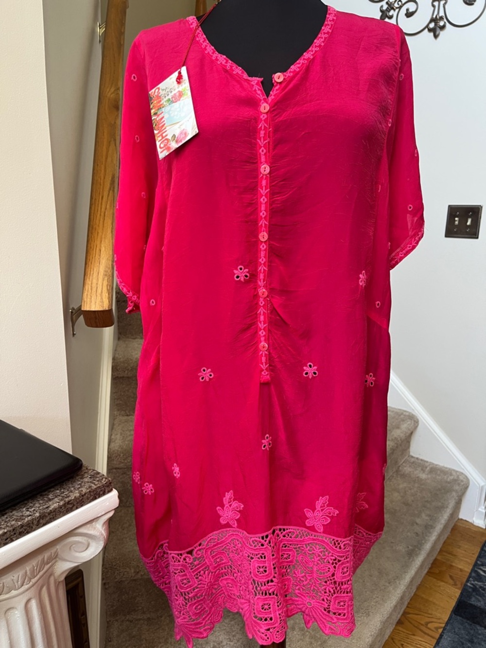 NWT Johnny Was eyelet embroidered red tunic size L.